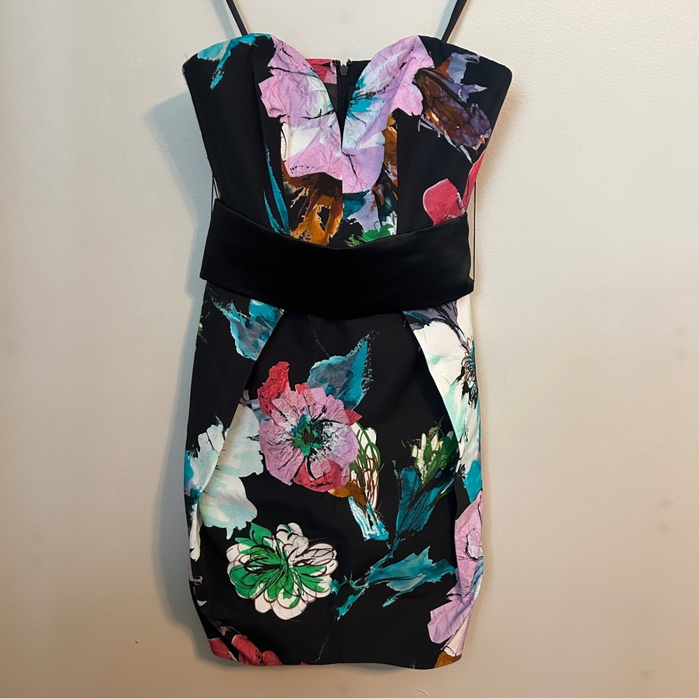 Milly Dress Exclusive Paper Floral Print Luxurious Tuck Black Strapless Cocktail - Picture 2 of 13